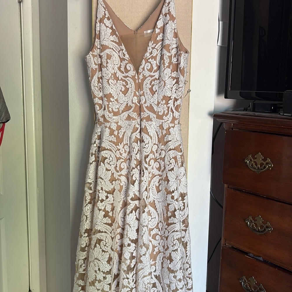 Dress the Population White and Tan lace sequin fit and flair lined wedding dress